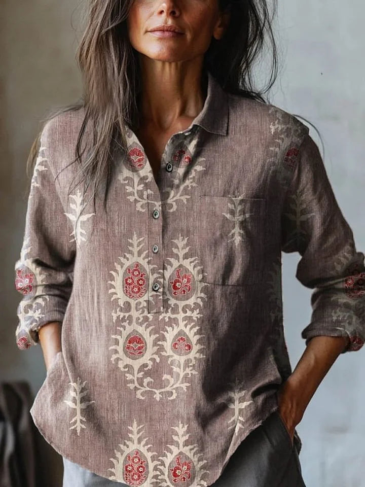 Etnisk Blomstret Skjorte i Linned