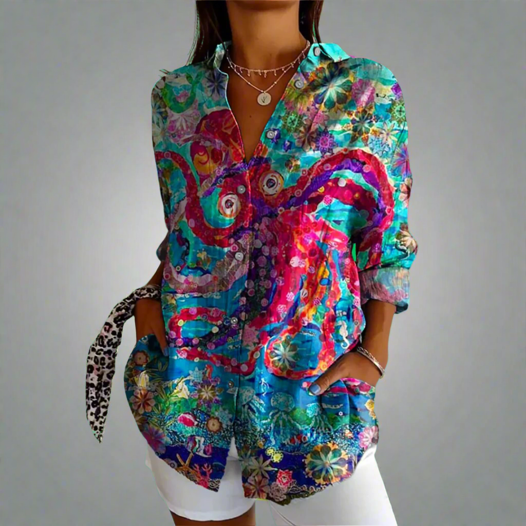 Delia | Klassisk Bluse i Kvalitetsstof med Håndlavede Detaljer