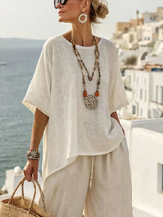 Afslappet Linned Sæt med Ensfarvet T-shirt