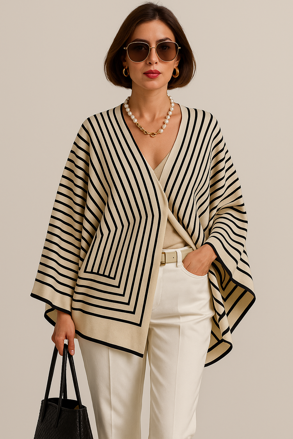 Kvinders rummelige stribede poncho med åben front