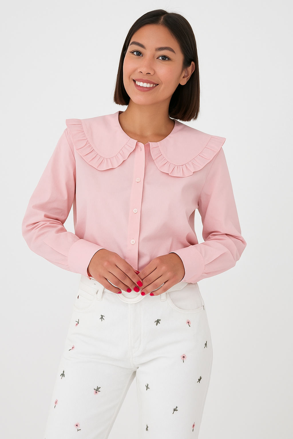 Kvinders bluse i bomuldsblanding med flæsekrave