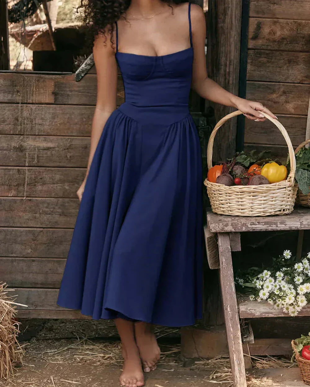 Ærmeløs Midi Kjole med Korsetpasform til Kvinder
