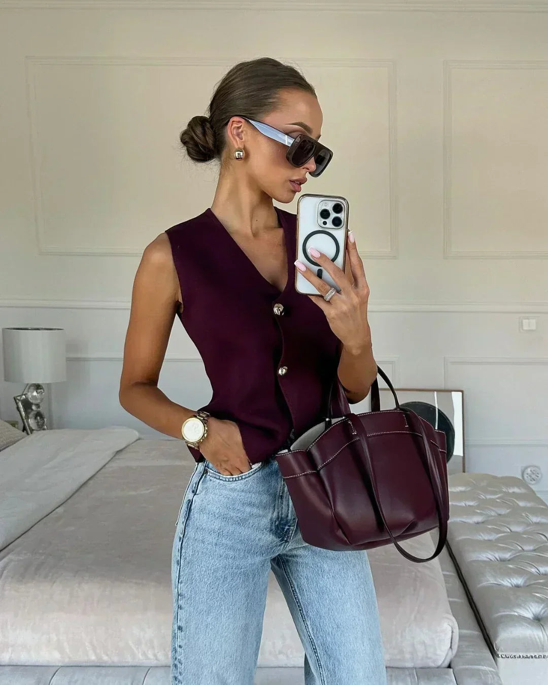 Josefine | Kvinders Ærmeløs Strikvest med Knapper