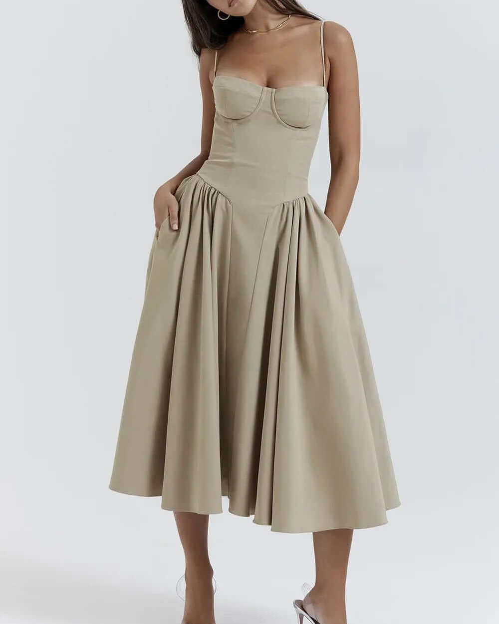Ærmeløs Midi Kjole med Korsetpasform til Kvinder