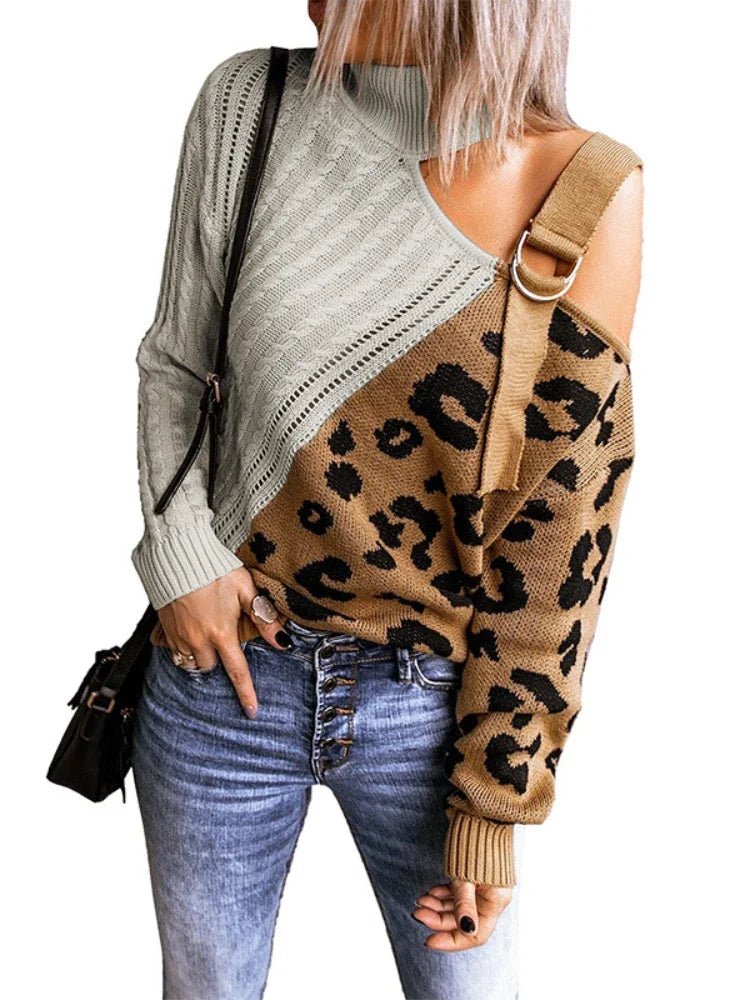 Mette | Vinter Chic Leopard Sweater med Én Skulder