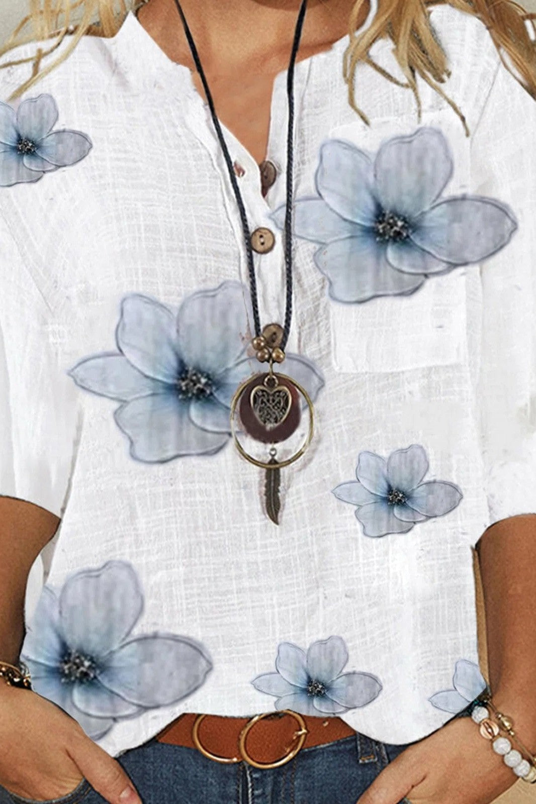 Anna | Blomstret V-hals Bluse med Løs Pasform